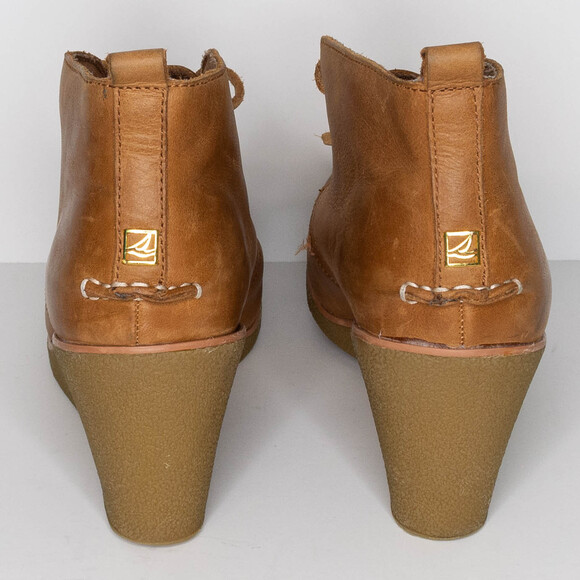 Sperry Ankle Bootie Harlow Wedge Heels Leather Rustic Boho Minimalist Brown 9 AS - Picture 4 of 6